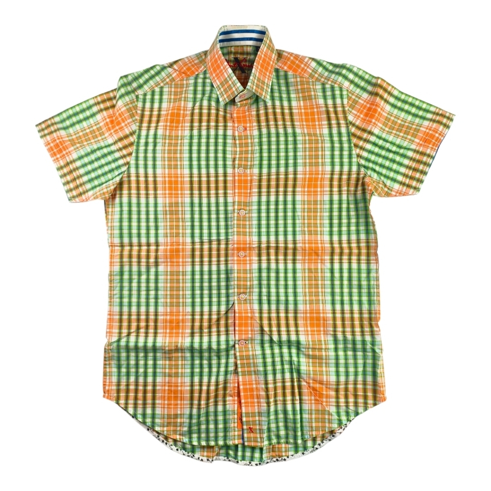Robert Graham Men's M Plaid Short-Sleeve Shirt Green Orange Check Designer